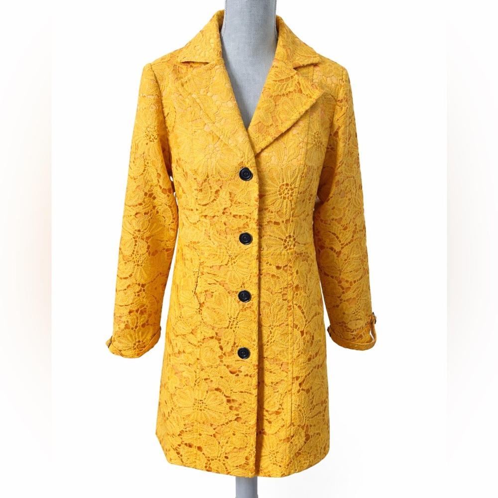 NWT Midnight Velvet Mustard Floral Lace Topper Coat Small Elegant